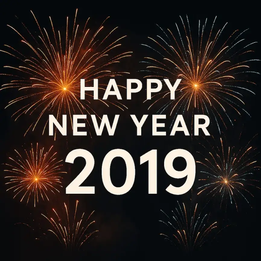 A Fresh Start: Jade & Benchmark Merge 1 Happy New Year 2019 fireworks display graphic, used in a Jade International seasonal greeting post celebrating the new year with clients and freight forwarding partners.