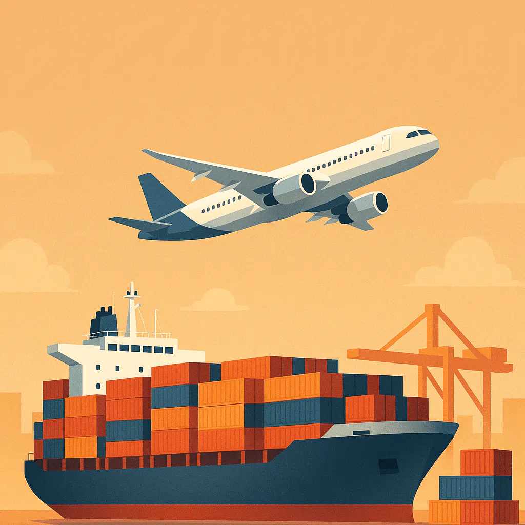 Illustration of cross trade shipping with a cargo ship, shipping containers, and airplane