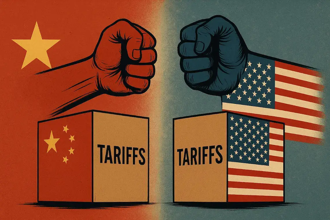 Trade war illustration with US and China facing off over tariff boxes.