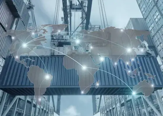 Cross trade shipment moving between countries, shown with containers and a global logistics network map overlay