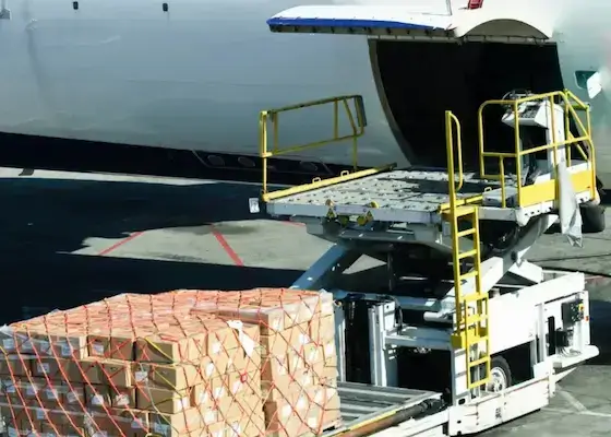 Air export services loading palletized cargo onto an airplane at the airport.