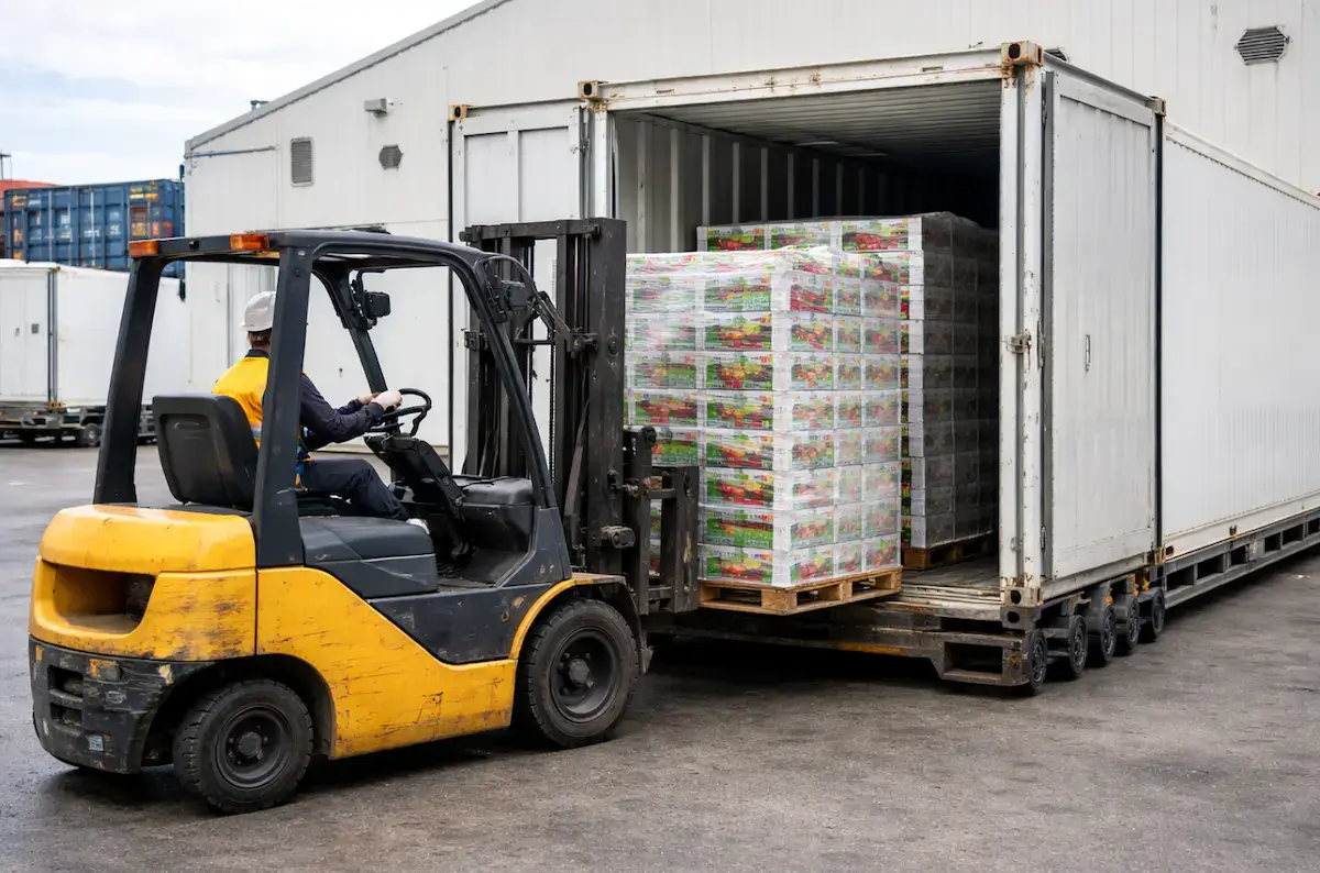 Ocean export for agricultural products, forklift loading shrink-wrapped produce pallets into a refrigerated container.