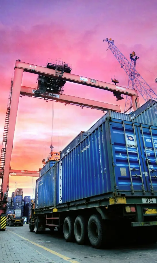 Shipping containers on a truck at a port with a large gantry crane against a pink sunset sky