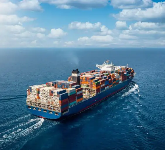 Aerial view of a fully loaded container ship sailing through open blue ocean, representing Jade International's ocean export freight forwarding services.