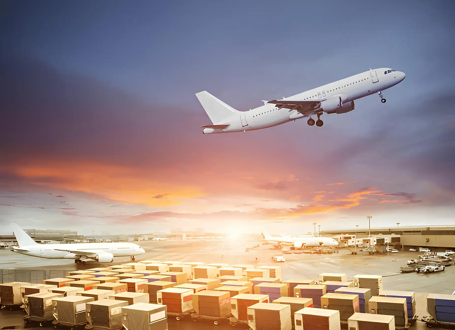 Cargo plane taking off over an airport tarmac lined with air freight containers at sunset, representing Jade International's air export and global air cargo forwarding services.