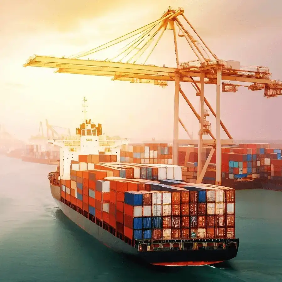 Container ship fully loaded with colorful cargo containers docking under a port crane at sunset, illustrating international freight shipping operations.